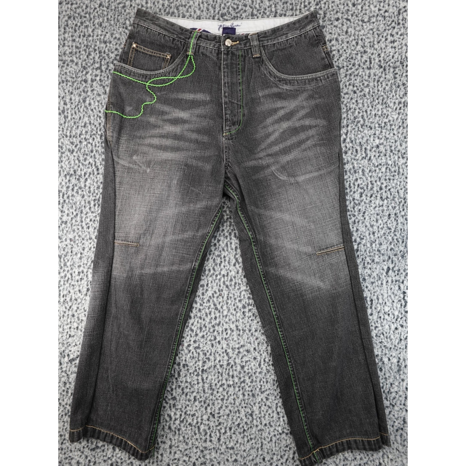 Phat Farm Baggy Jeans Mens 34x33 Black Good Vintage Green Stitch Ppt42538
